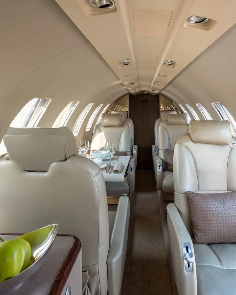 Luxurious interior of a private jet with plush leather seats and ample space.