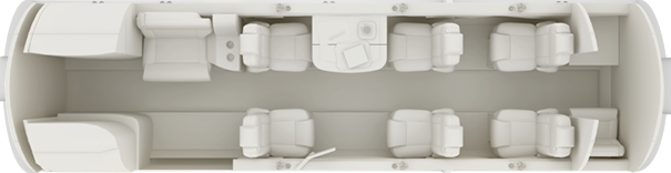 Top-down view of a vehicle interior with four seats and a central console.
