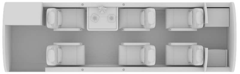 Top-down view of a compact camper van interior with seating and a kitchen sink.