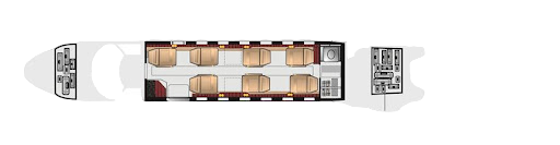 Top-view layout of a small passenger train car with seating and restroom.