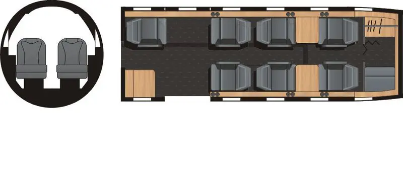 Top-down view of a small room with six chairs and a desk.