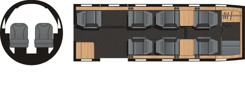 Floor plan of a compact room with seating and tables.