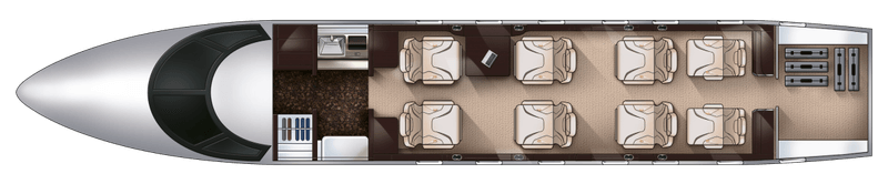 Top-down layout of a compact RV interior with beds and seating.