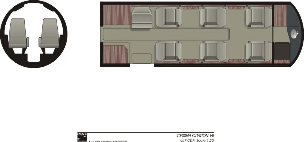 Top-down view of a small aircraft cabin with four seats and an aisle.
