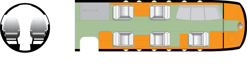Top-down view of a room with orange and white furniture on a green floor.