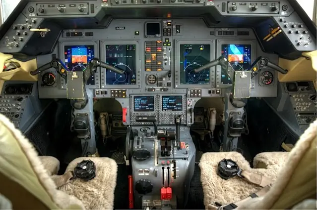 Cockpit of a spacecraft with control panels and seats.