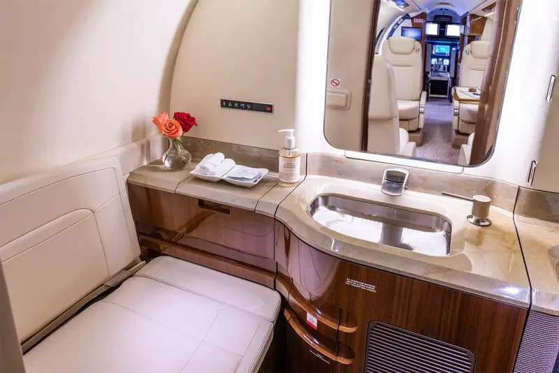 Luxurious airplane lavatory with elegant design and fresh flowers.
