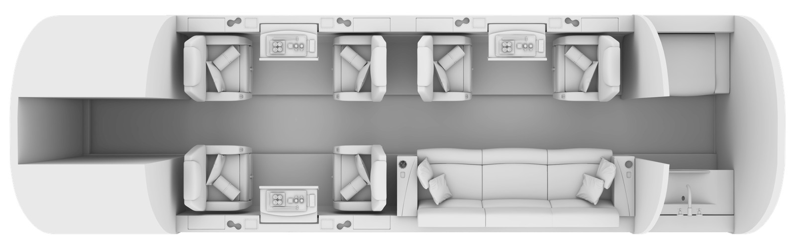 Top-down view of a modern living room layout with seating and tables.