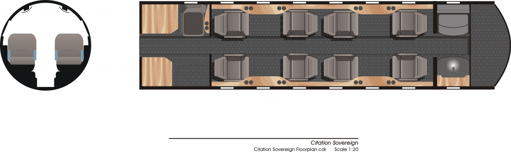 Top-down view of a vehicle interior with six seats and two doors.