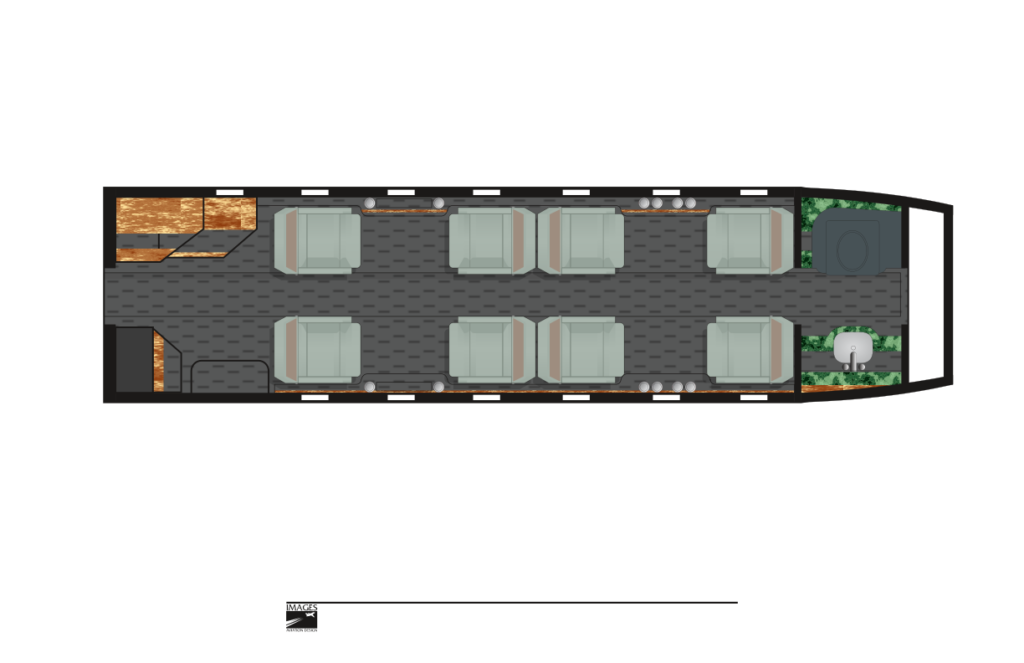 Top-down view of a modern motorhome interior layout with seating and kitchen area.