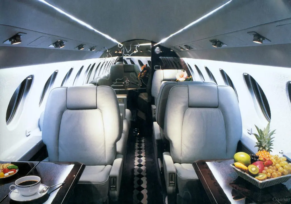 Interior of a private jet with luxurious leather seats and ambient lighting.