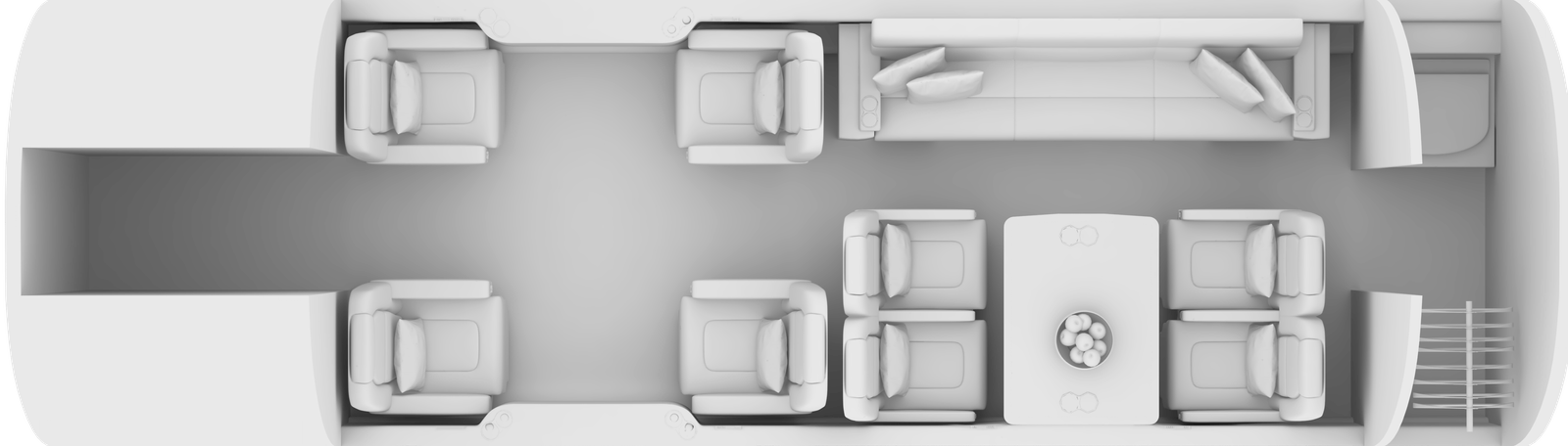 Top-down view of a room with four chairs arranged in two rows facing each other.