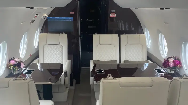 Luxurious interior of a private jet with plush leather seats.
