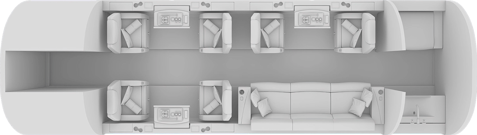 Top-down view of a modern living room with sofa and armchairs.
