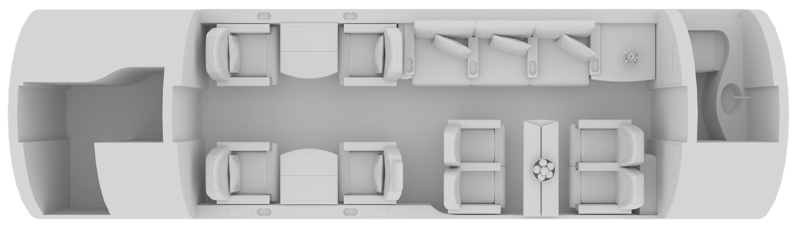 Top view of a small vehicle interior with seats arranged for passengers.