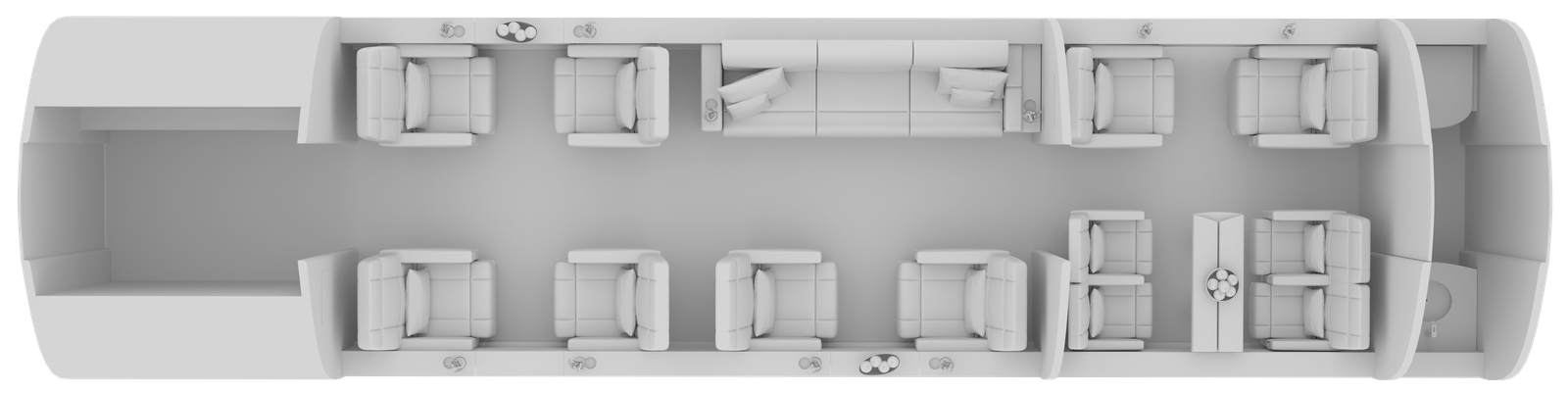 Top-down view of a modern living room with sofas and armchairs.