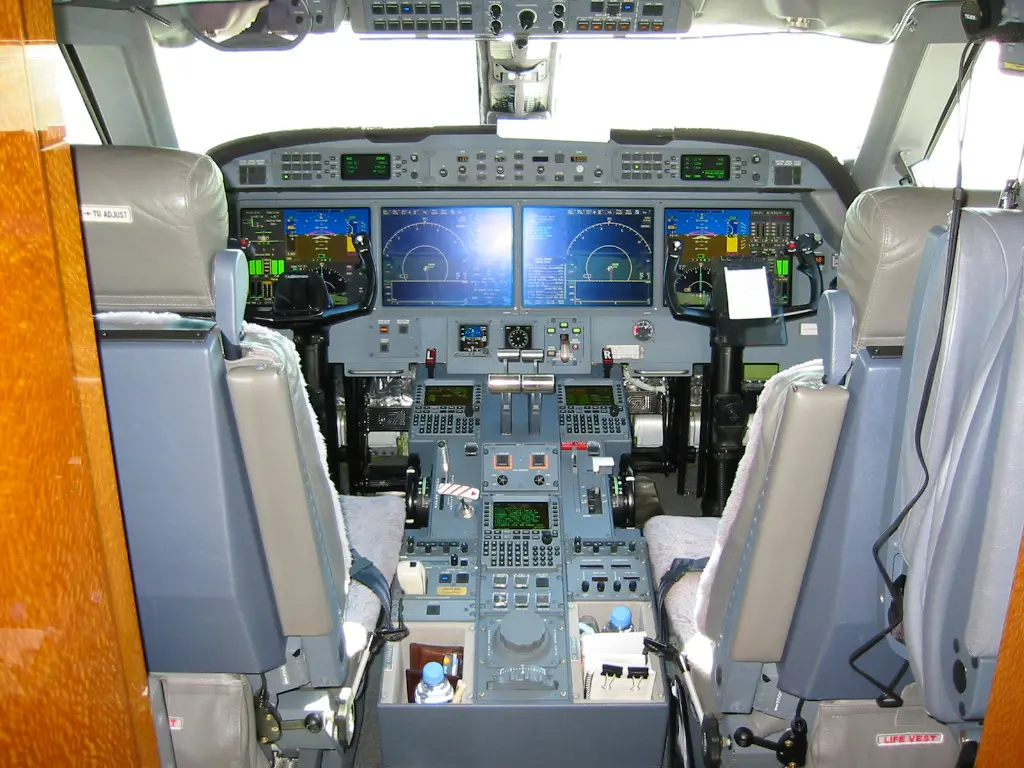 Modern airplane cockpit with advanced digital displays and controls.