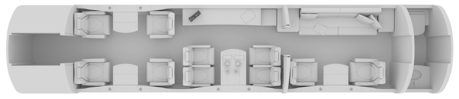 Top-down view of a modern living room with two sofas and two armchairs.