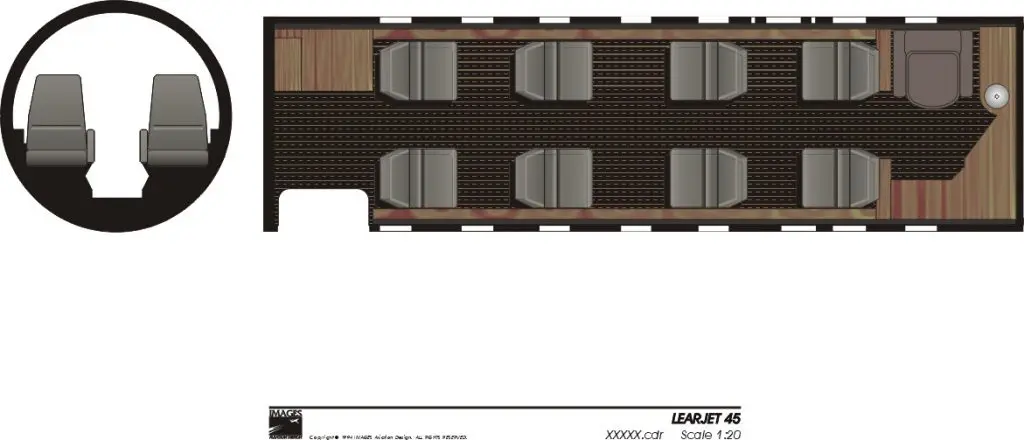 Top-down view of a train car interior layout with seats and aisles.