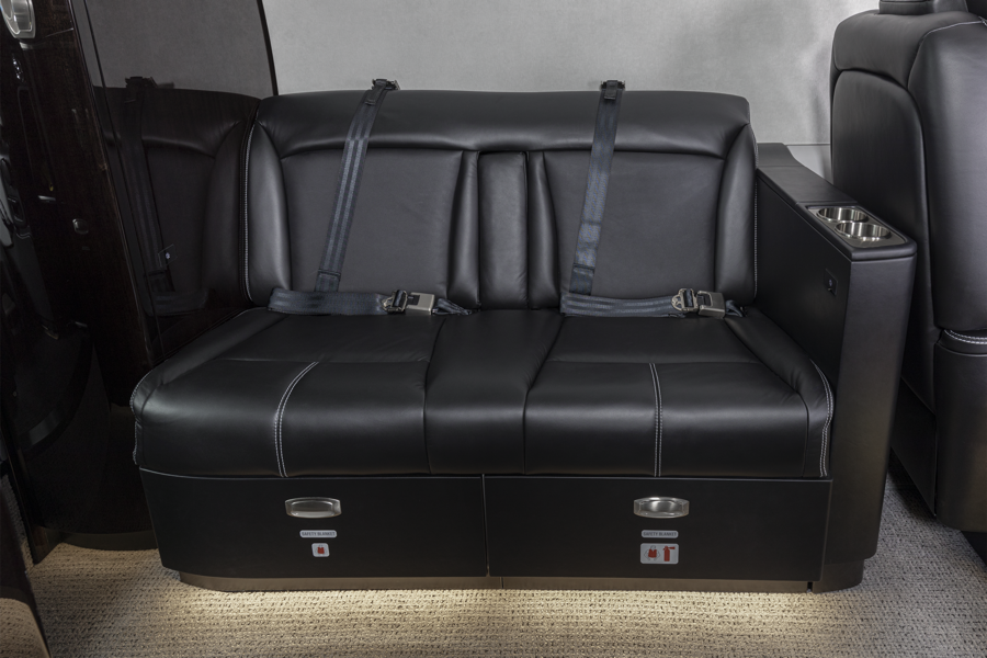 Black leather car back seat with seat belts visible.