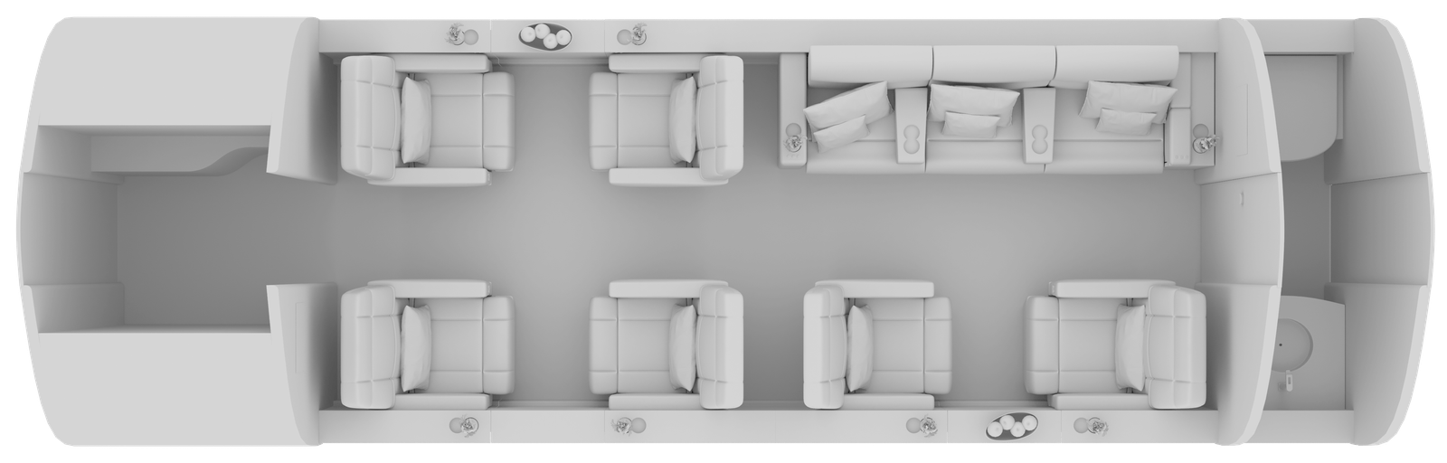 Top-down view of a symmetrical living room layout with sofas, armchairs, and a coffee table.