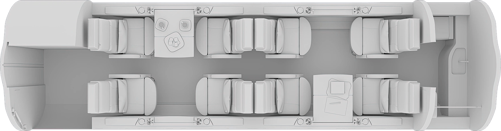 Top-down view of a four-seat vehicle interior layout with two rows.