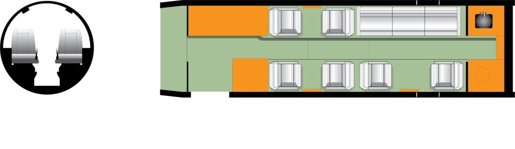 Top-down view of a room with chairs and tables in green, orange, and gray colors.