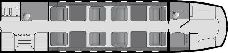 Top-down view of a vehicle interior with six seats arranged in two rows.