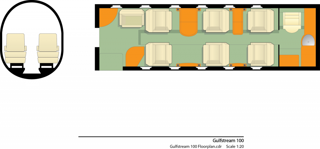 Top-down view of a vehicle interior with six seats arranged in two rows.