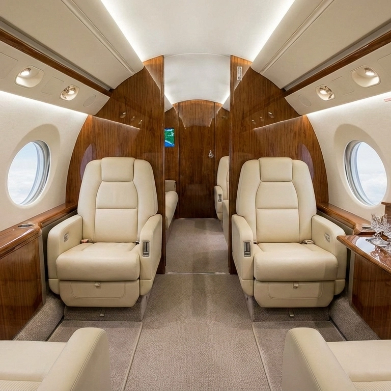 Luxurious private jet interior with beige leather seats and polished wood paneling.