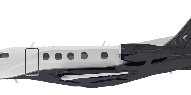 Side view of a sleek private jet with a black and white color scheme.