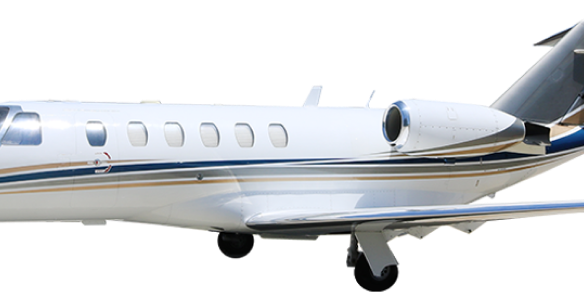 A sleek private jet with a white and blue exterior.