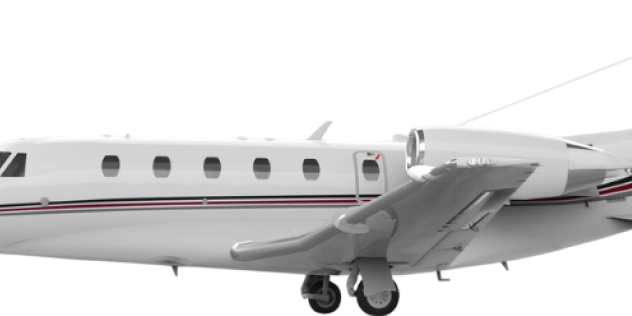 Private jet with sleek design and multiple windows.