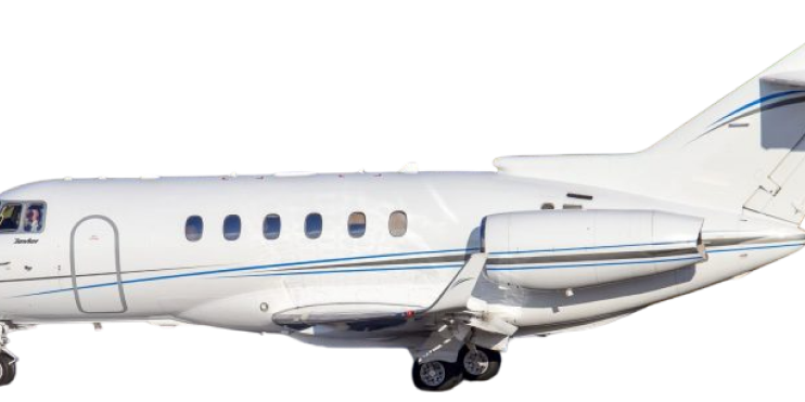 Side view of a white private jet airplane with blue and red stripes.