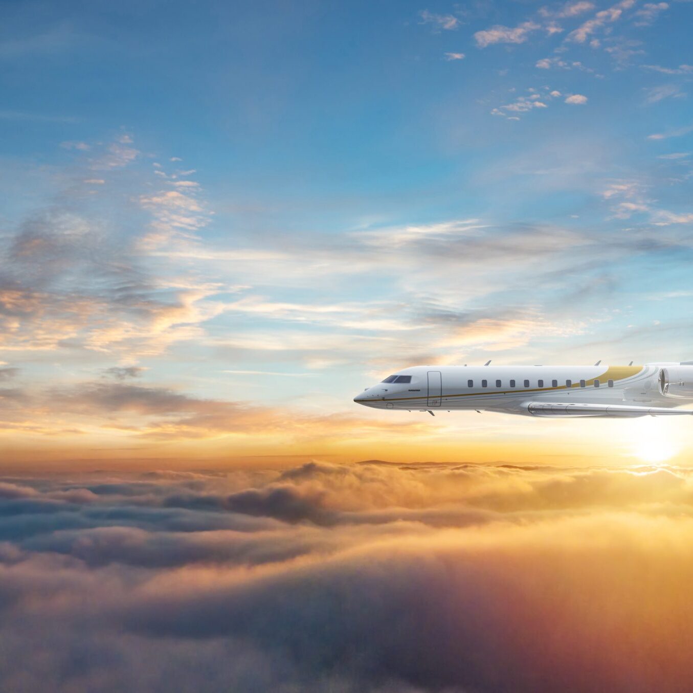 Airplane flying above clouds during a colorful sunset.