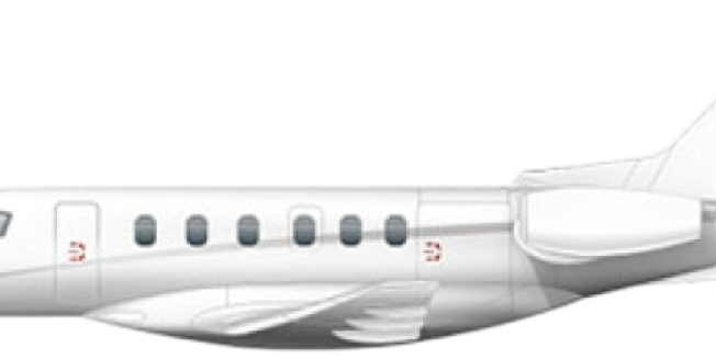 Side view of a white private jet airplane with windows and tail visible.