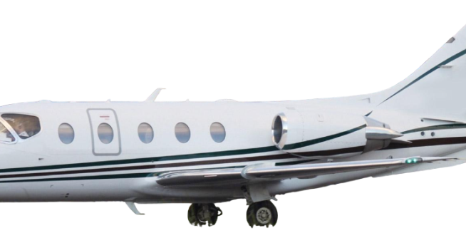 A sleek private jet with a white body and round windows.