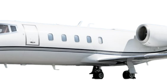 Close-up of a private jet's window and landing gear.