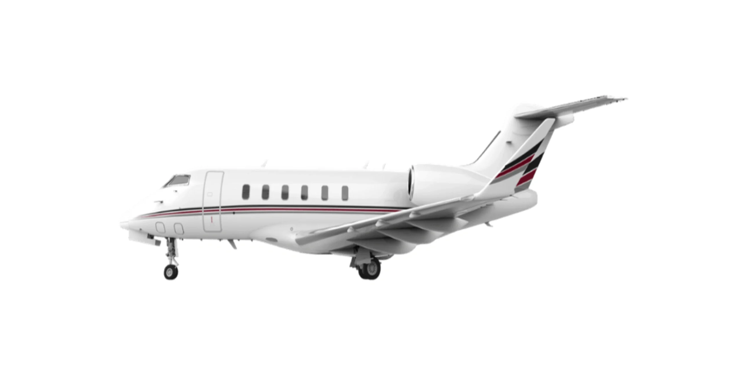 A sleek white private jet in flight with landing gear down.