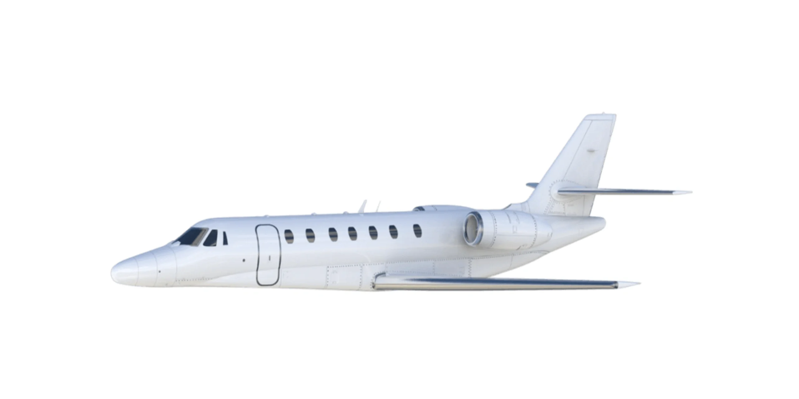 Small private jet with a sleek white design on a white background.