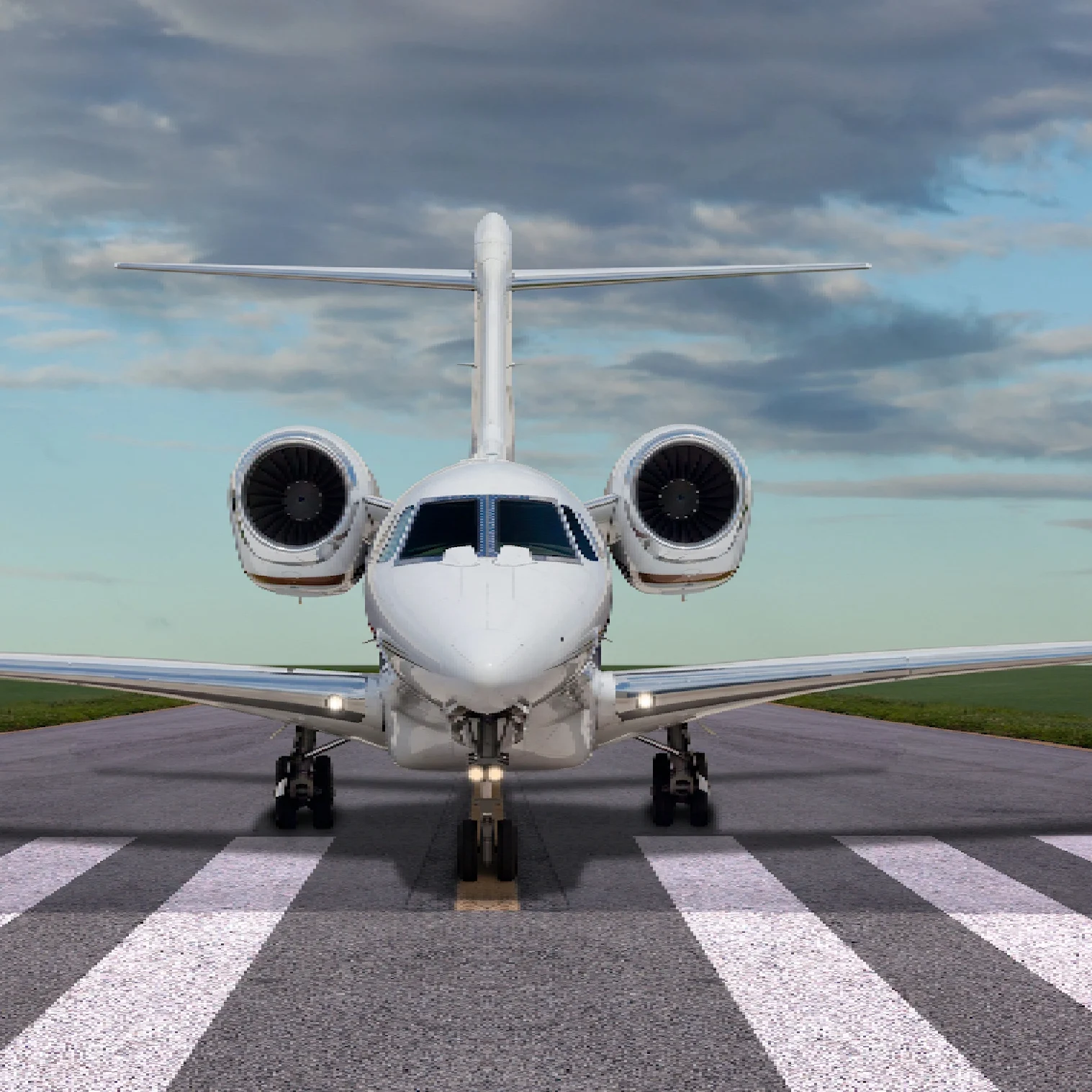 Private jet on a runway ready for takeoff.