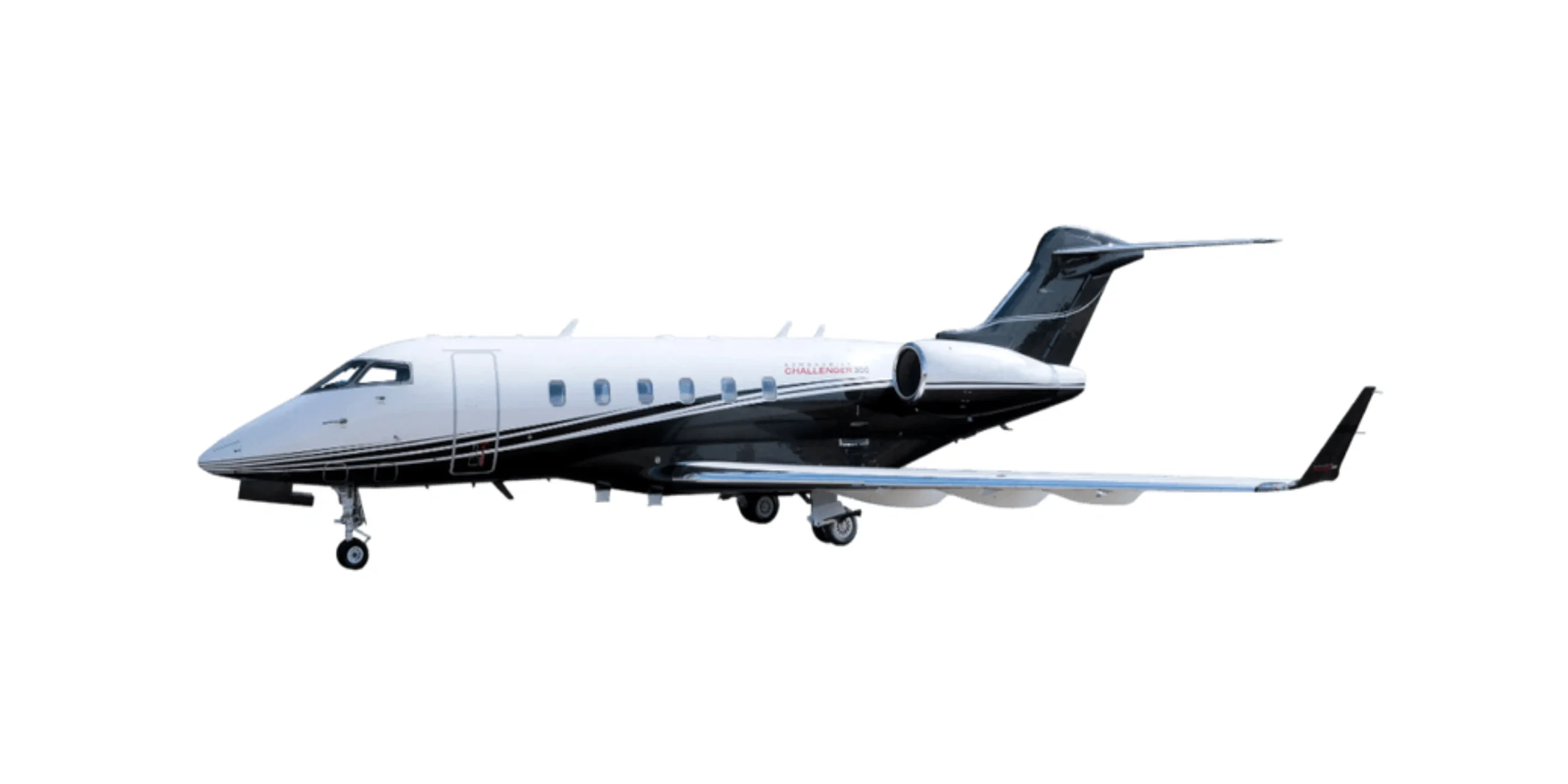 A sleek private jet in mid-flight against a white background.