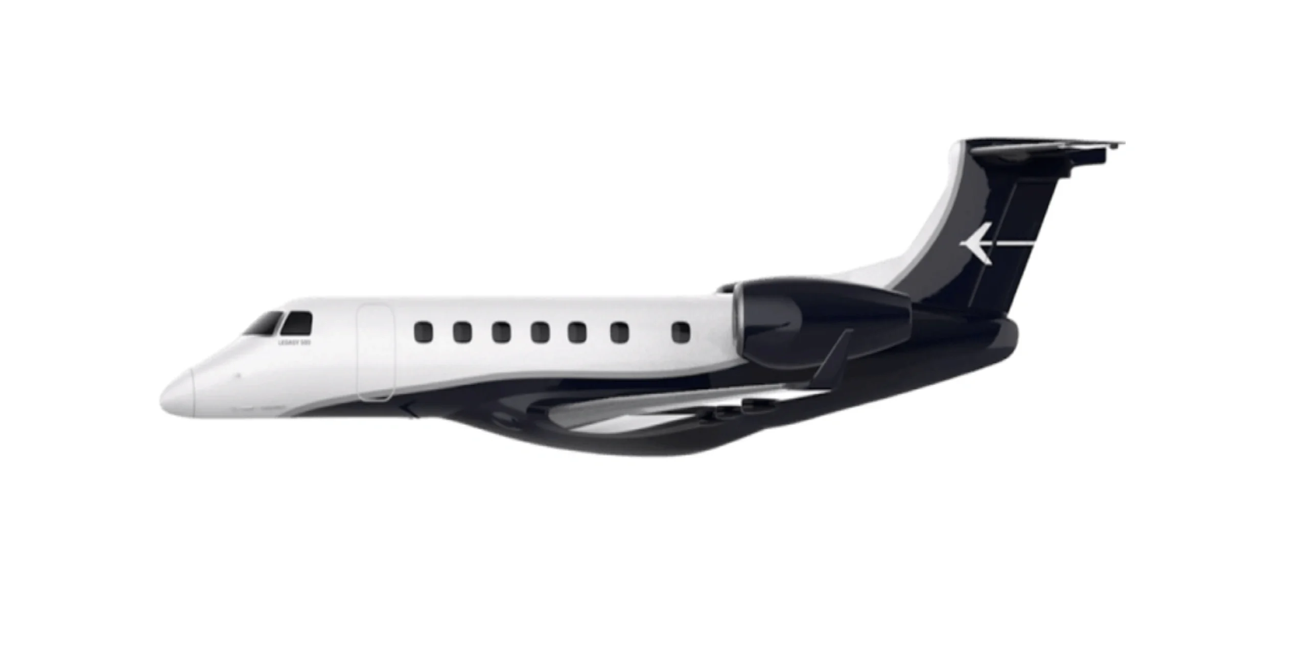 A sleek private jet with a black and white exterior design.