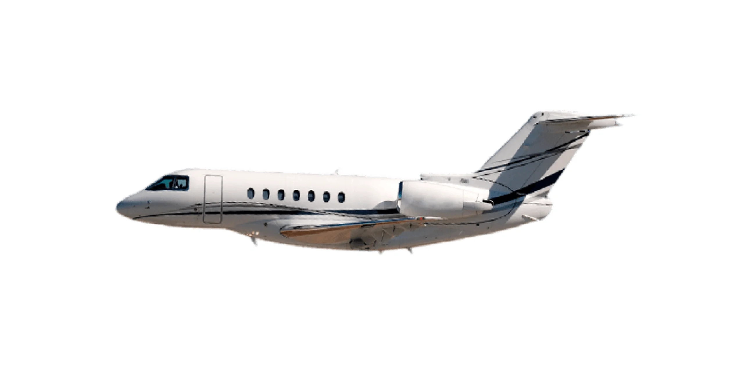 A sleek private jet in flight against a white background.