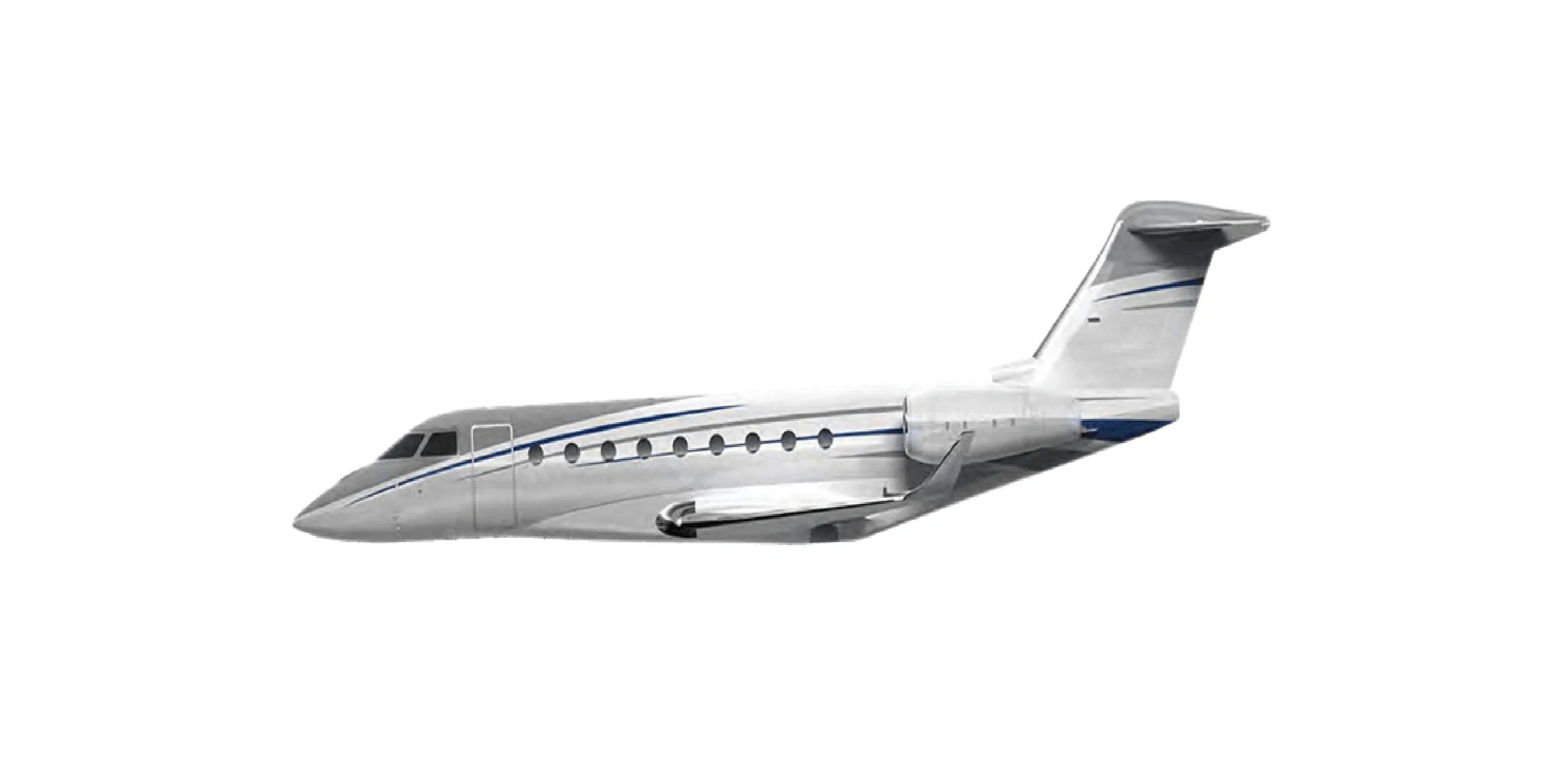 A sleek private jet with a silver body and blue tail accents.