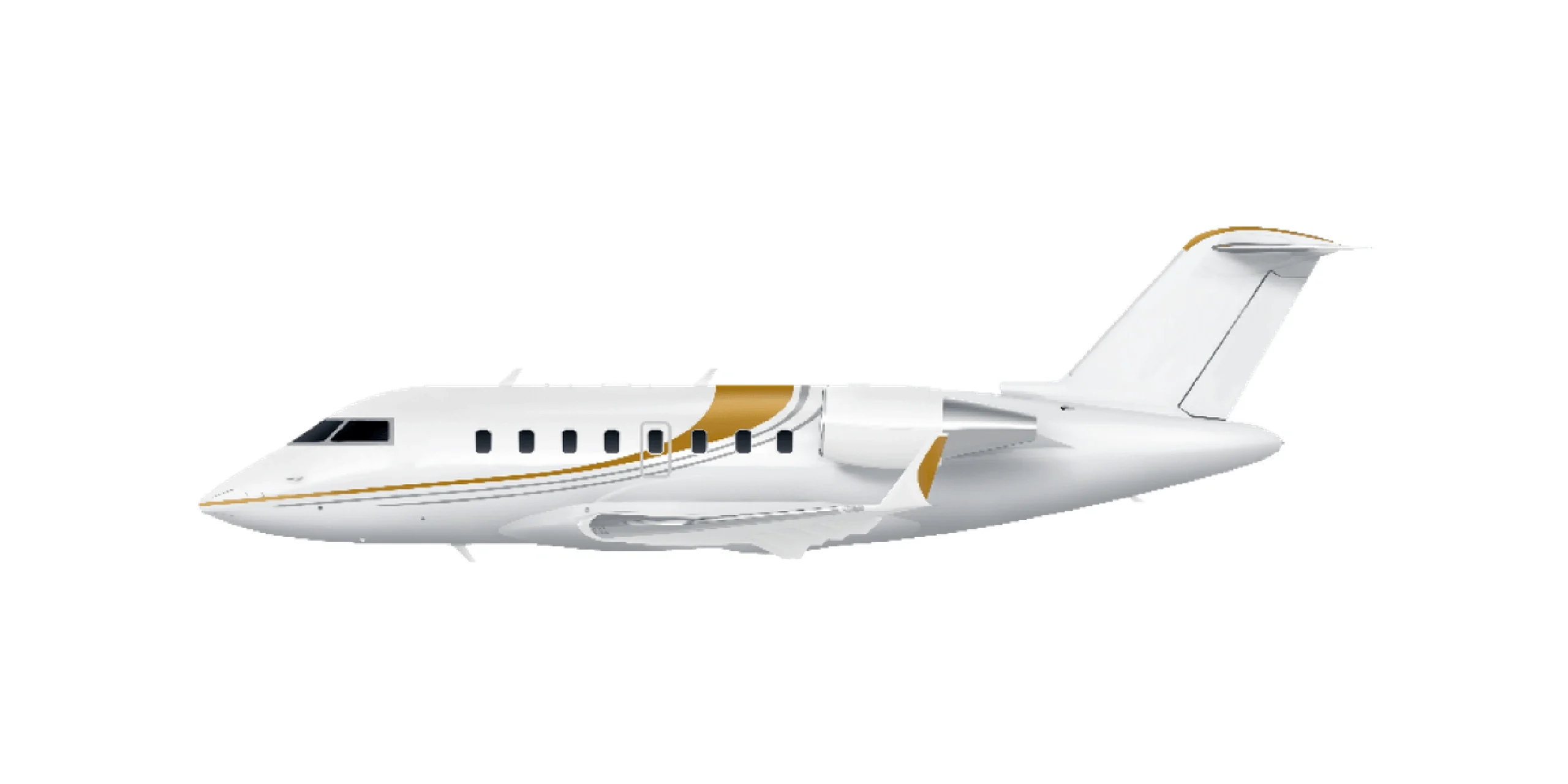 Sleek white private jet with gold and black accents on a white background.