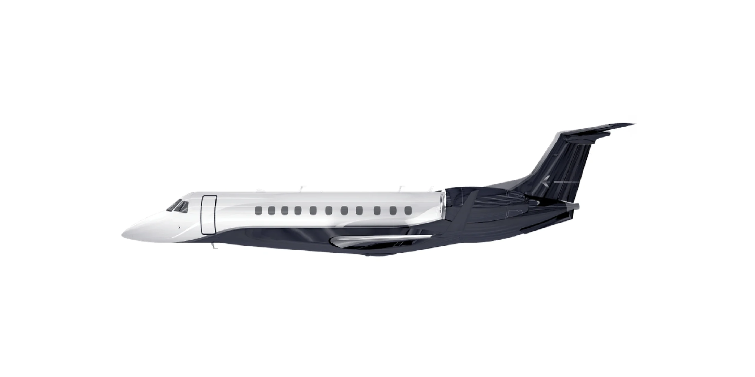 Sleek private jet with a black tail and white fuselage.
