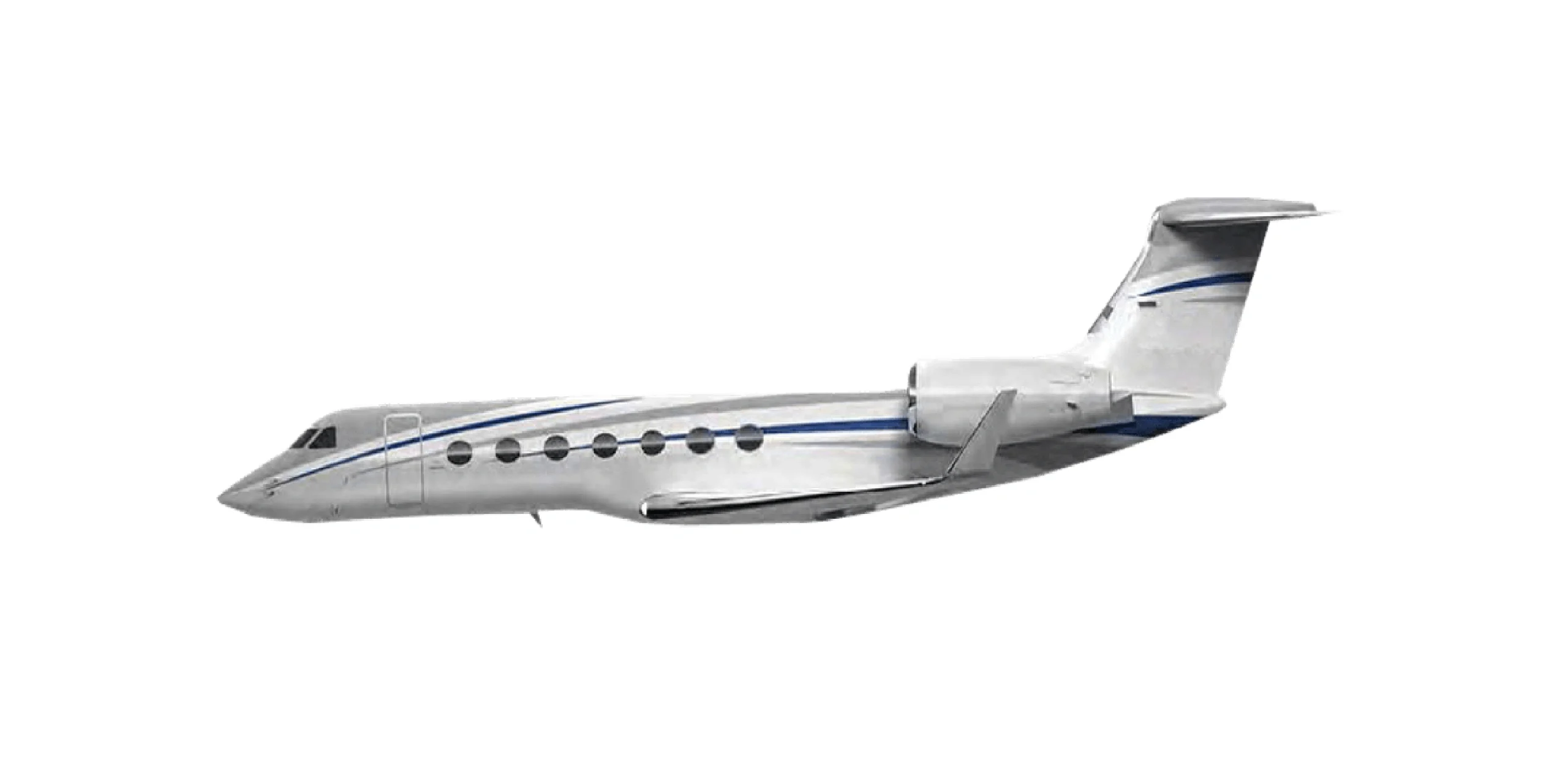 Sleek private jet with a streamlined design and multiple windows.