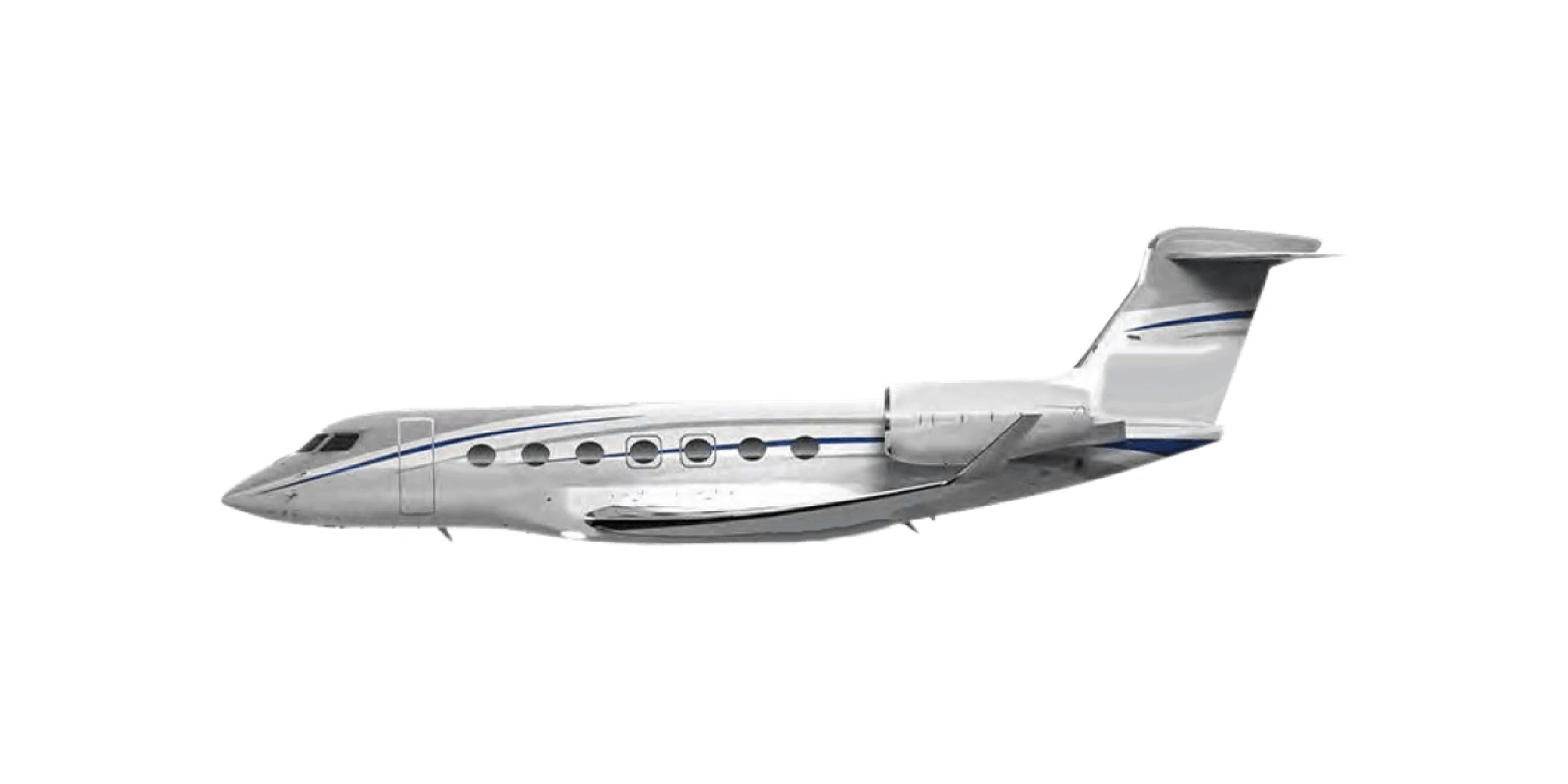 Sleek private jet with a polished silver exterior on white background.