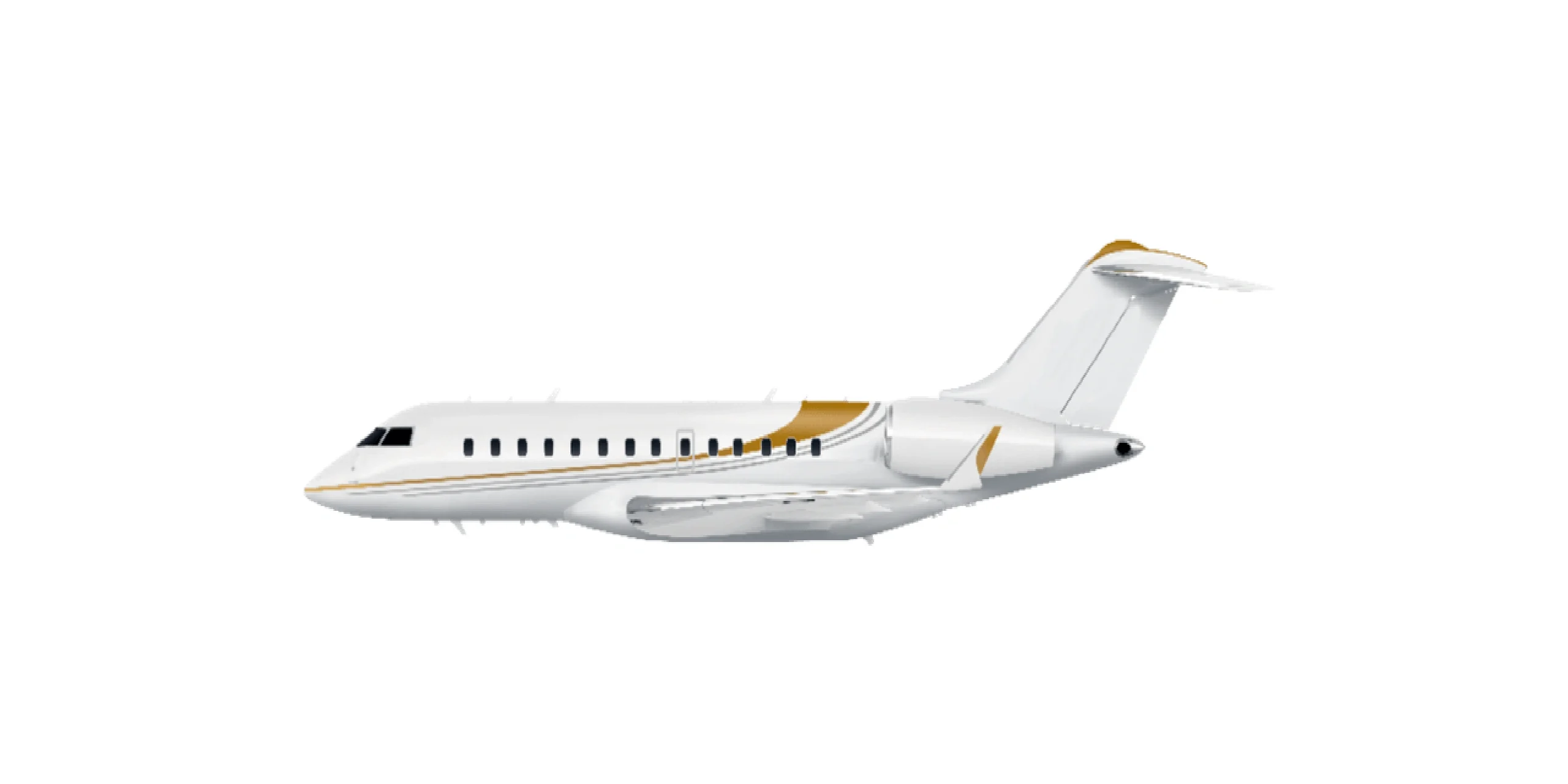 Luxury private jet with sleek white and gold design.